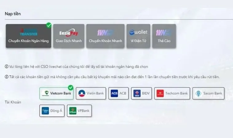 Giao diện Nạp Tiền H3BET