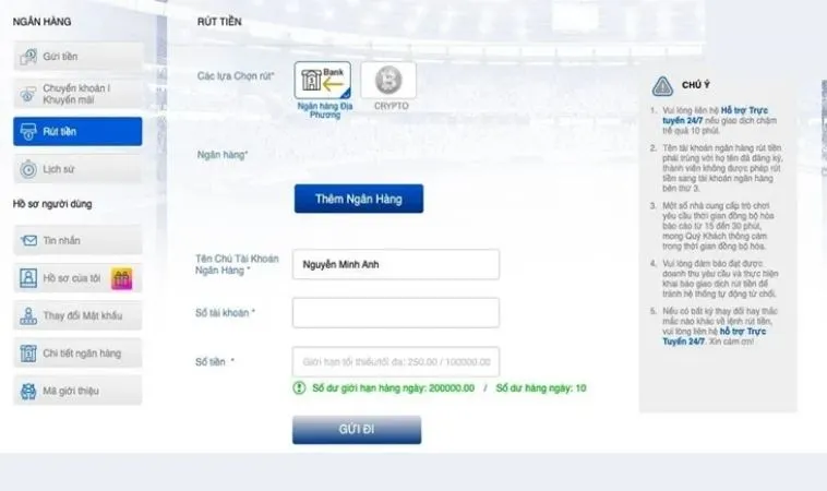 Giao diện Rút Tiền H3BET